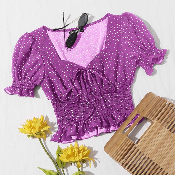 

Ruffle Trim Shirred Polka-dot Print Top, Purple