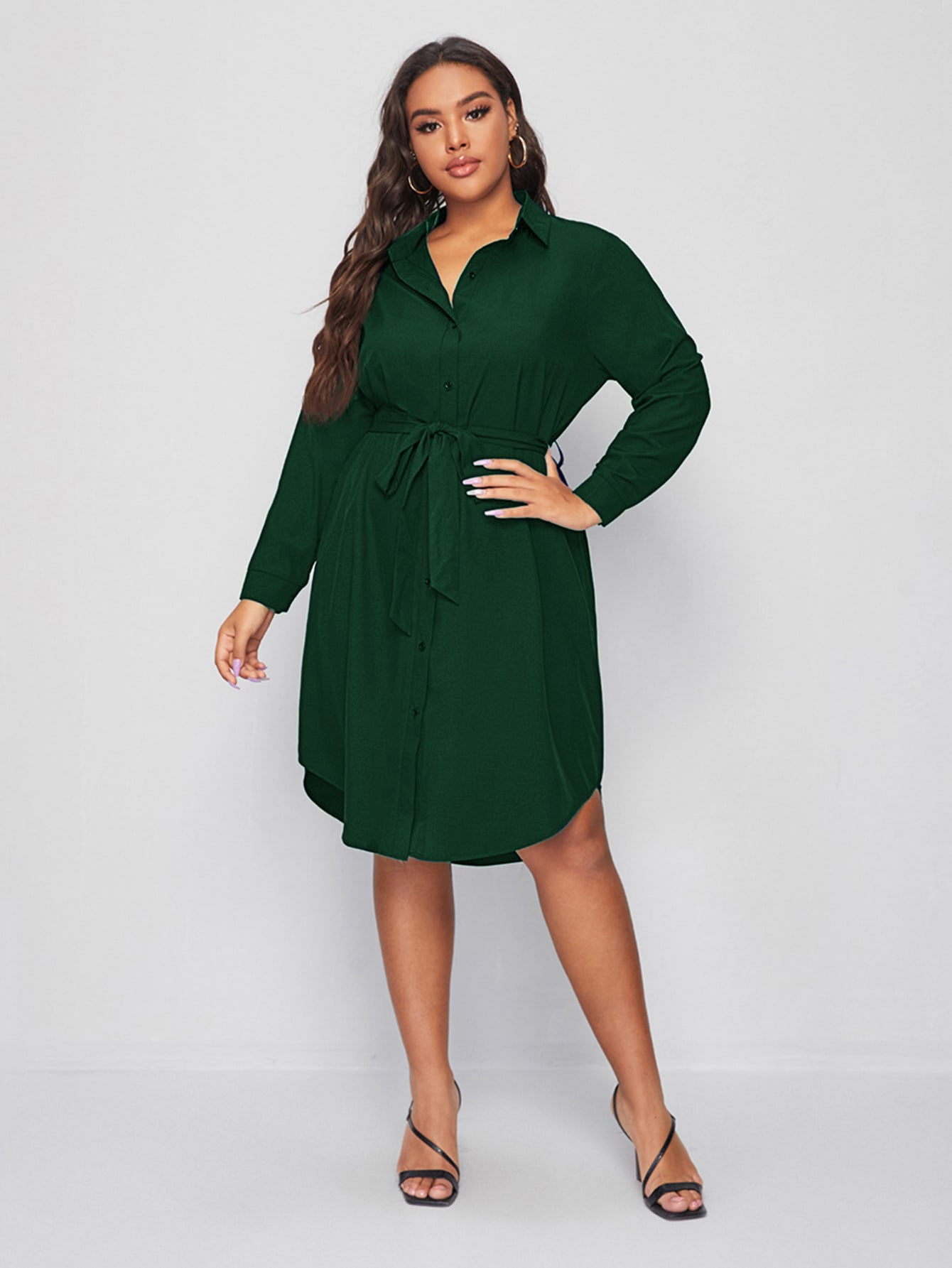 Plus Solid Button Through Belted Shirt Dress thumbnail