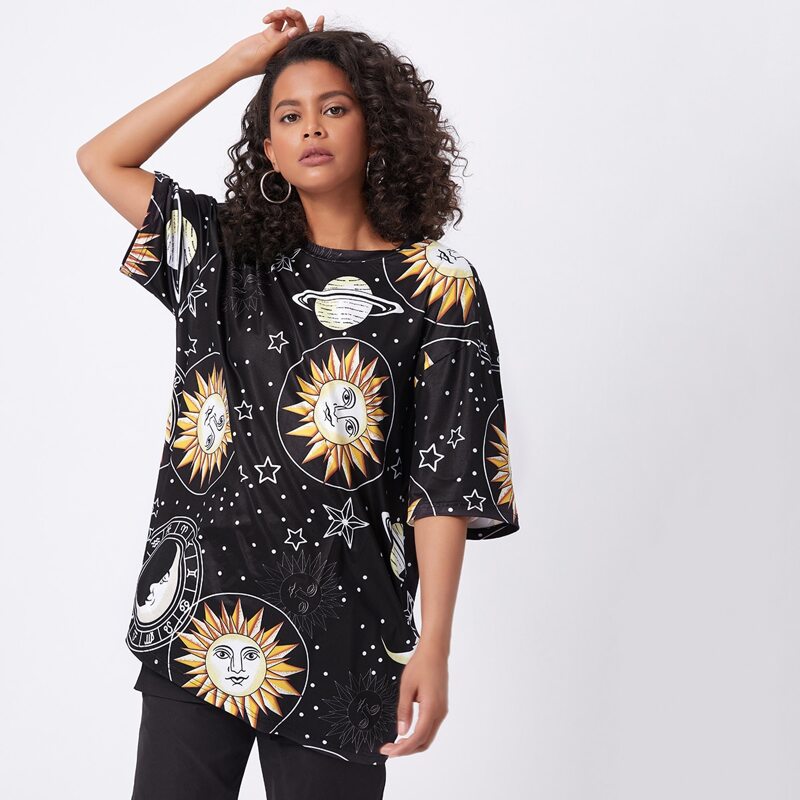 

Sun & Moon Graphic Oversized Tee, Black