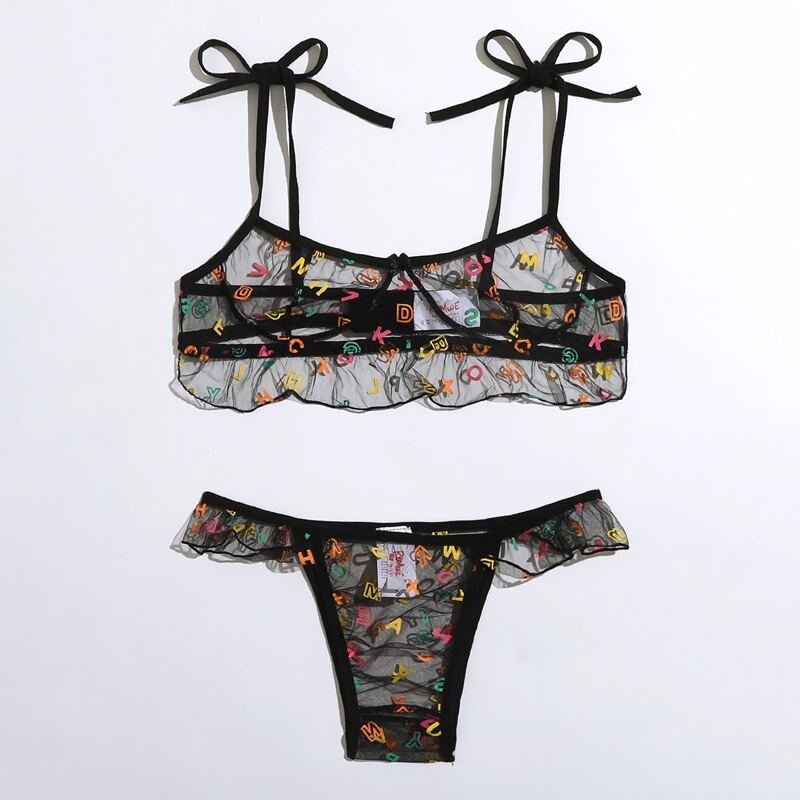 

Letter Print Frill Trim Lingerie Set, Black