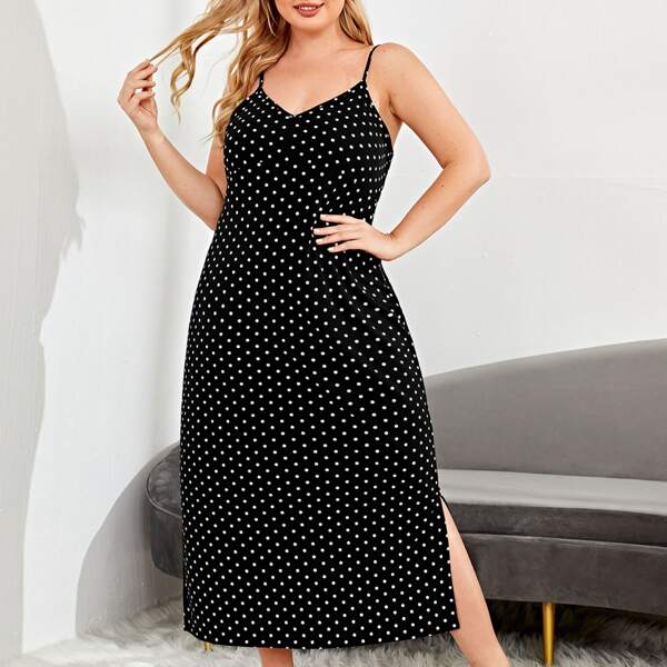 

Plus Split Hem Polka Dot Slip Nightdress, Black