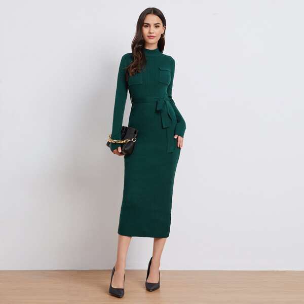 

Mock-Neck Flap Pocket Front Self Belted Sweater Dress, Dark green