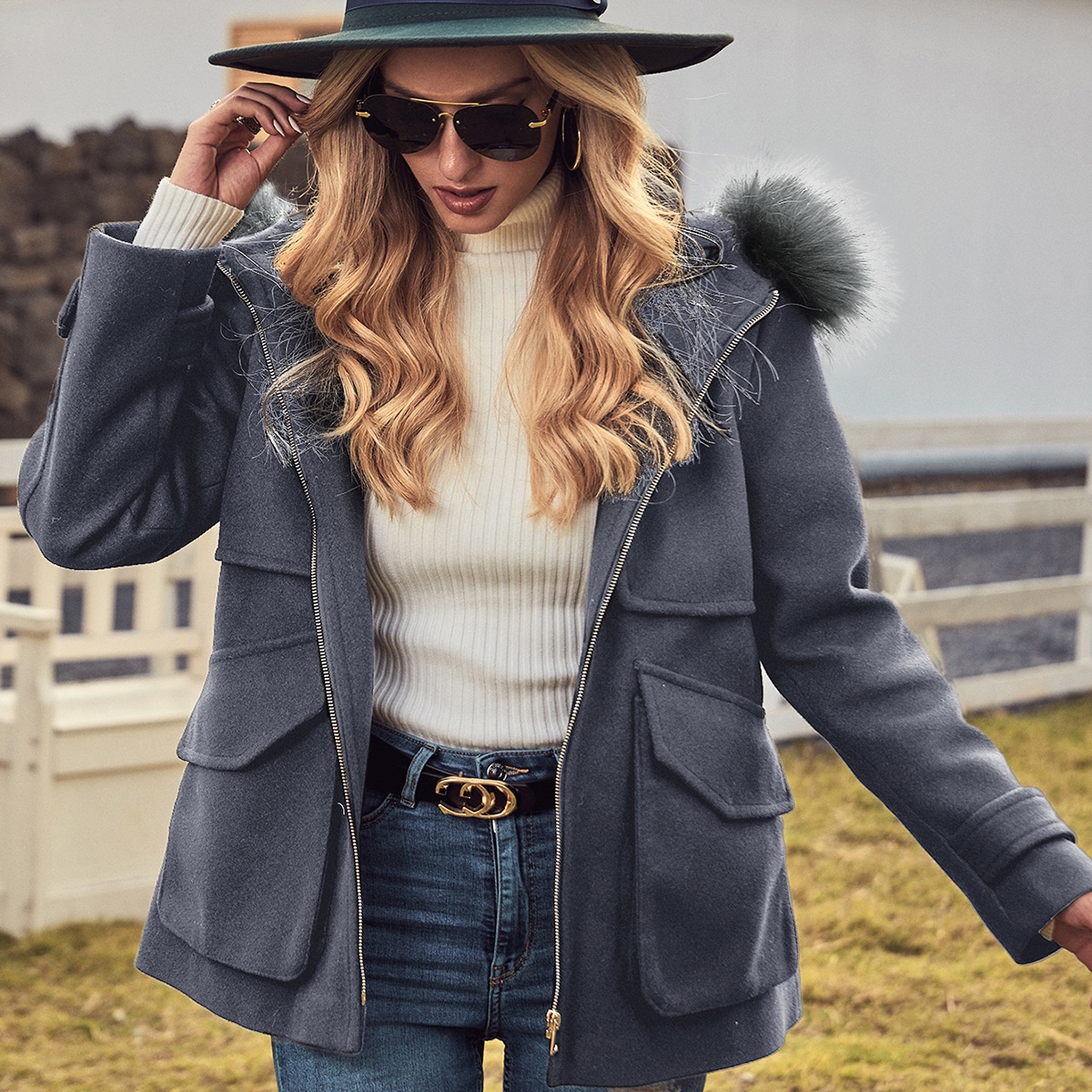 Image of Flap Pockets Contrast Faux Fur Hooded Overcoat