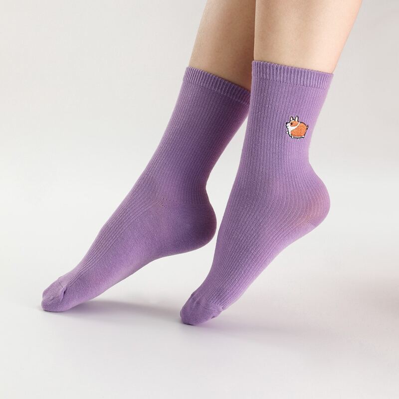 

1pair Dog Embroidery Crew Socks, Purple