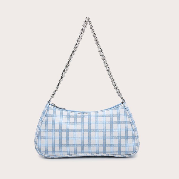 

Plaid Pattern Chain Baguette Bag, Blue