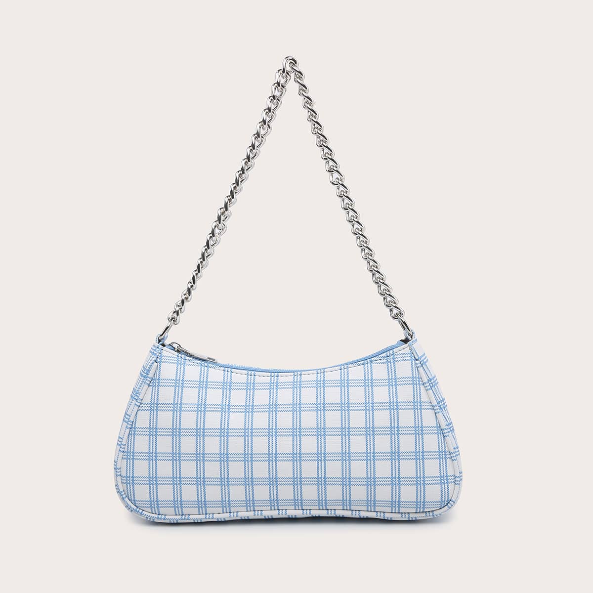 

Plaid Pattern Chain Baguette Bag, Blue