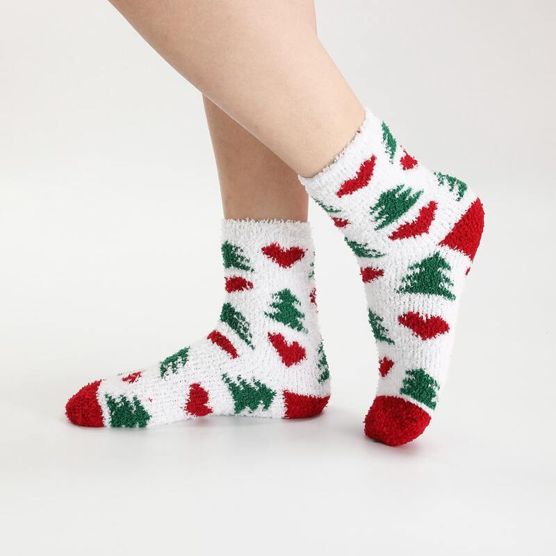 

1pair Heart & Tree Pattern Fuzzy Socks, Multicolor