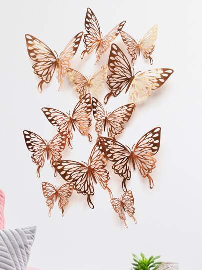 12pcs 3D Hollow Butterfly Wall Sticker, Gold Paper Butterfly Sticker For Home Decor, Stickers, Wall Decal, Vinyl Decal For Home Decorations, Spring Decoration Items Refresh Your Home, Rama Decoration Stickers