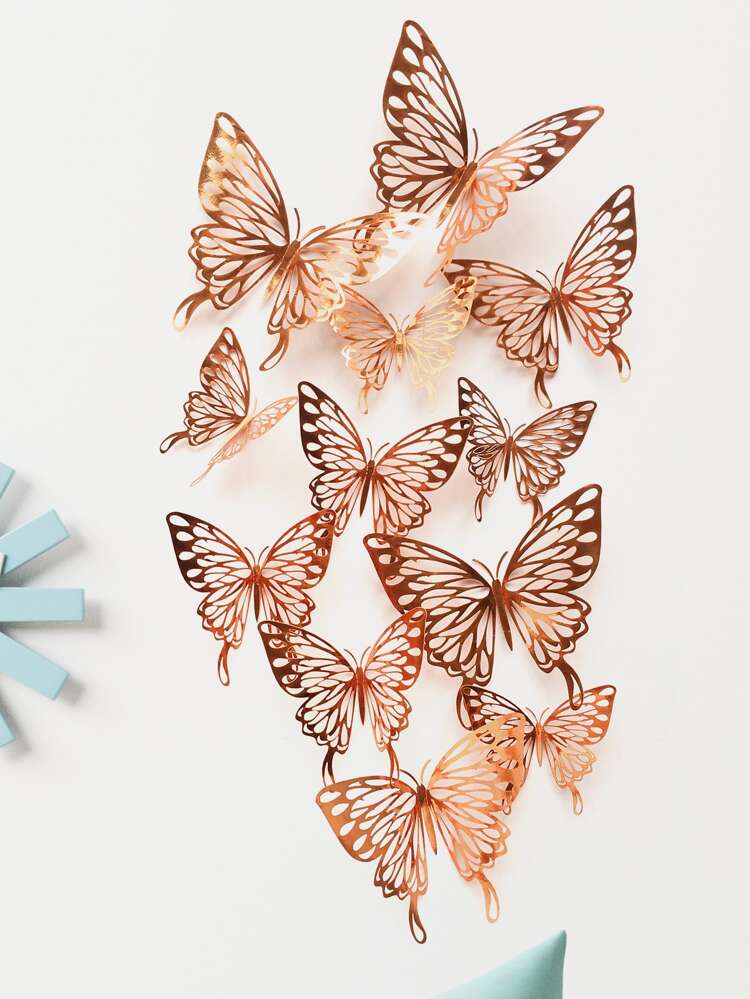 12pcs 3D Hollow Butterfly Wall Sticker, Gold Paper Butterfly Sticker For Home Decor, Stickers, Wall Decal, Vinyl Decal For Home Decorations, Spring Decoration Items Refresh Your Home, Rama Decoration Stickers