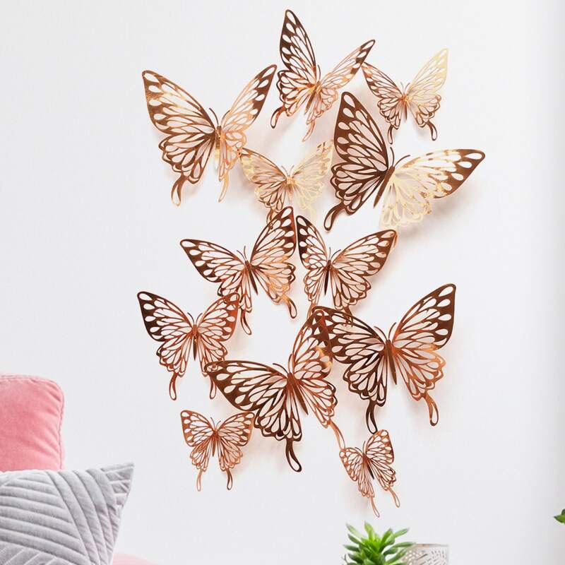 

12pcs 3D Hollow Butterfly Wall Sticker, Rose gold