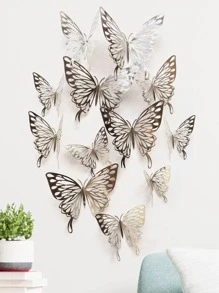 12 Chiếc Nhựa Tự Dính 3D Bướm Trang Trí Treo Tường Bạc Rỗng Ra Chống Nước Trang Trí Phòng Sáng Tạo Miếng Dán Hình Bướm - Bạc - Xem 1