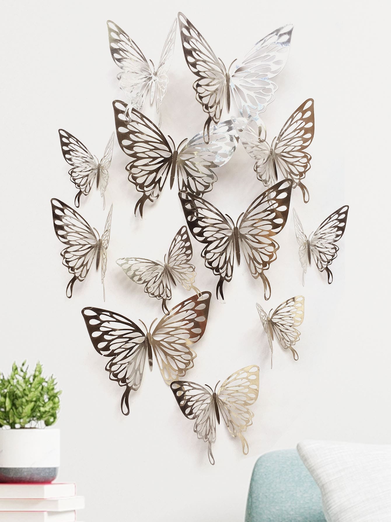 12 Chiếc Nhựa Tự Dính 3D Bướm Trang Trí Treo Tường Bạc Rỗng Ra Chống Nước Trang Trí Phòng Sáng Tạo Miếng Dán Hình Bướm - Bạc - Xem 1