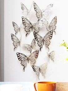 12 Chiếc Nhựa Tự Dính 3D Bướm Trang Trí Treo Tường Bạc Rỗng Ra Chống Nước Trang Trí Phòng Sáng Tạo Miếng Dán Hình Bướm - Bạc - Xem 4