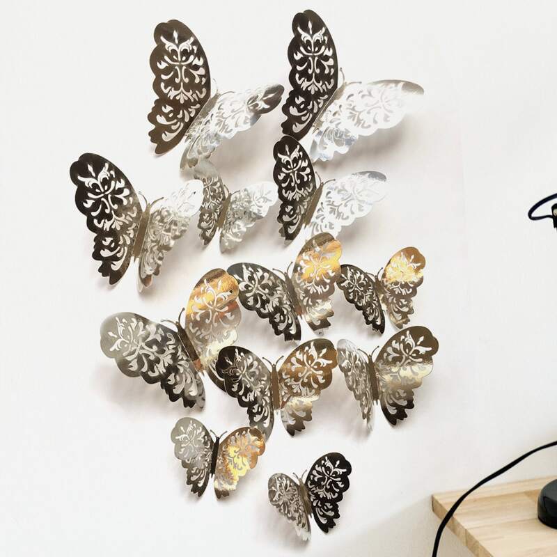 

12pcs 3D Hollow Butterfly Wall Sticker, Silver