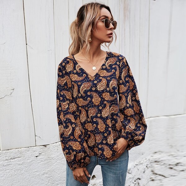 

Paisley And Floral Print Bishop Sleeve Blouse, Multicolor