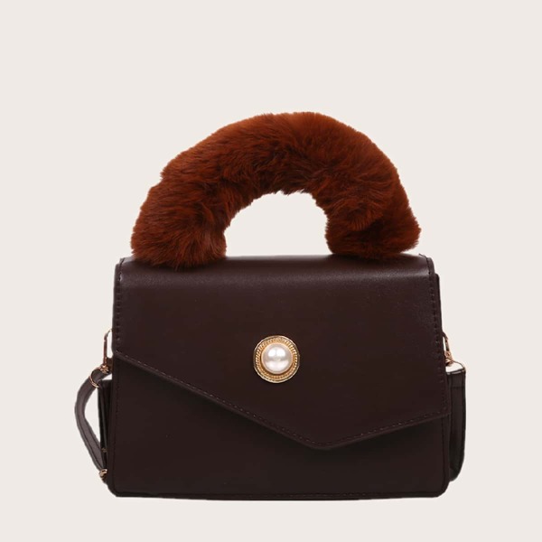

Faux Pearl Decor Fluffy Handle Satchel Bag, Coffee brown