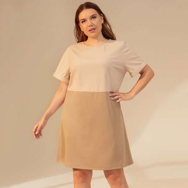 

Plus Two Tone Cuffed Dress, Multicolor