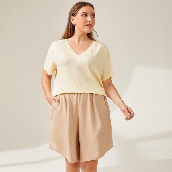 

Plus V-Neck Solid Top, Beige