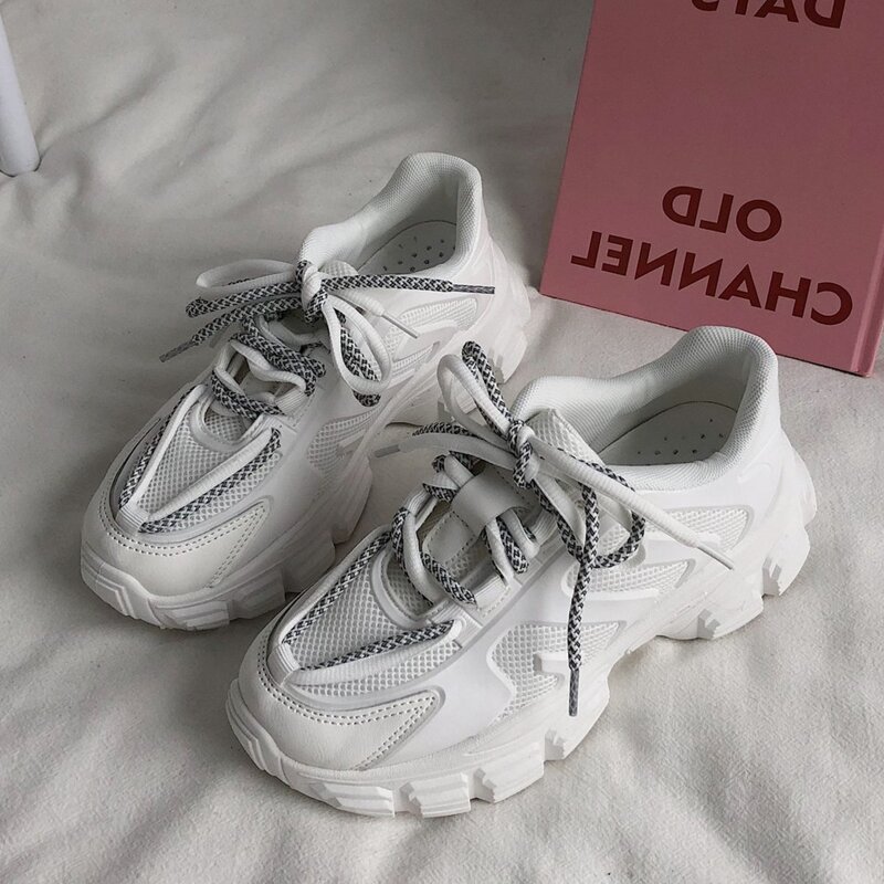 

Double Strap Lace-up Chunky Sneakers, White