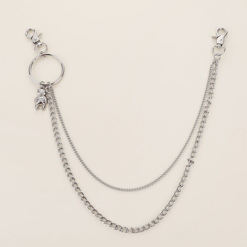 

Guys Bear Decor Layered Pants Chain, Silver