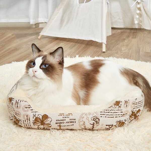 

Flower Print Plush Pet Bed, Khaki