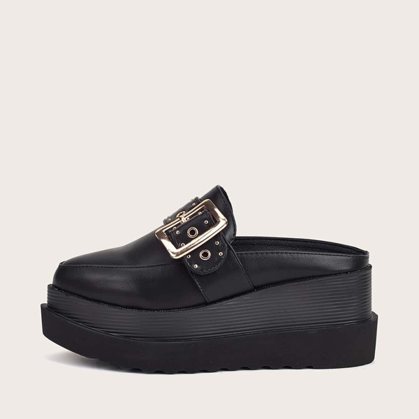

Studded & Buckle Decor Mule Wedges, Black