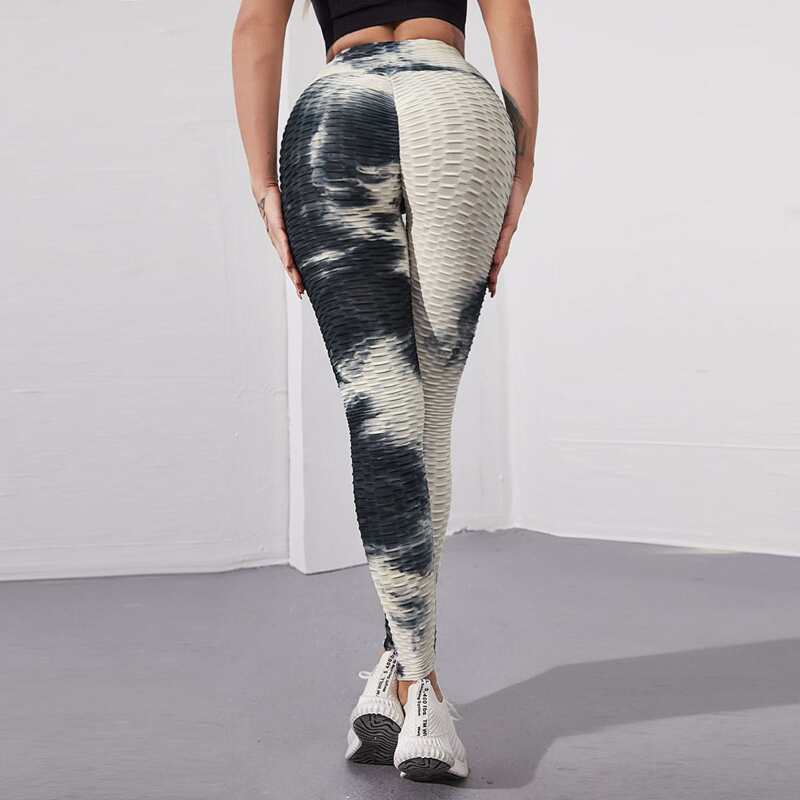 

Tie Dye Wide Band Waist Sports Leggings, Black and white