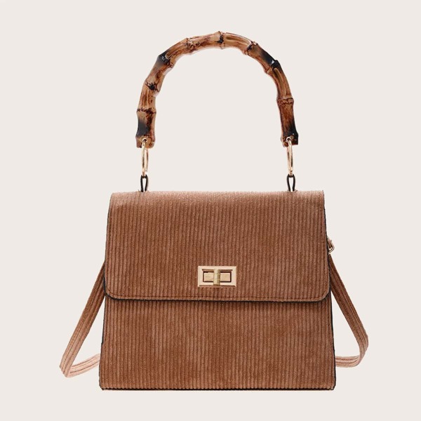 

Turn-lock Top Handle Corduroy Satchel Bag, Brown