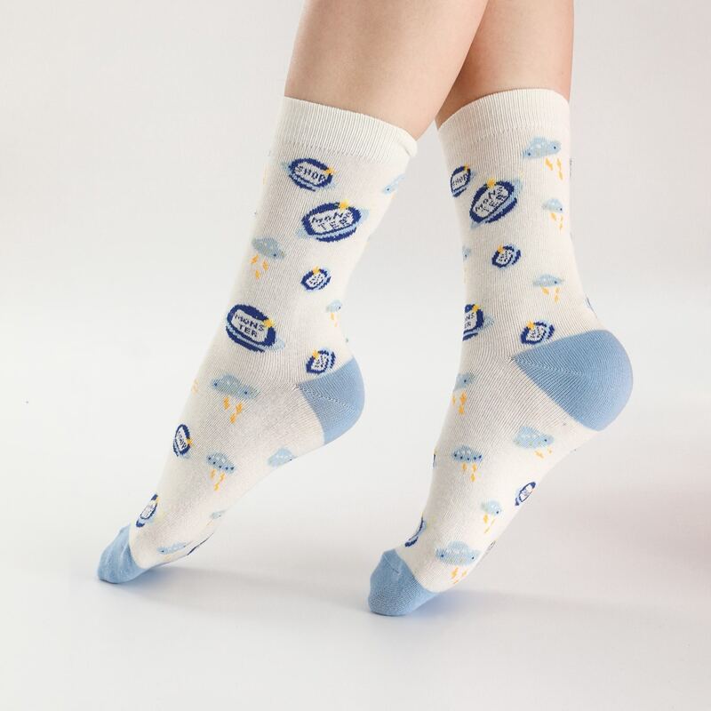 

1pair Cartoon Crew Socks, Blue and white