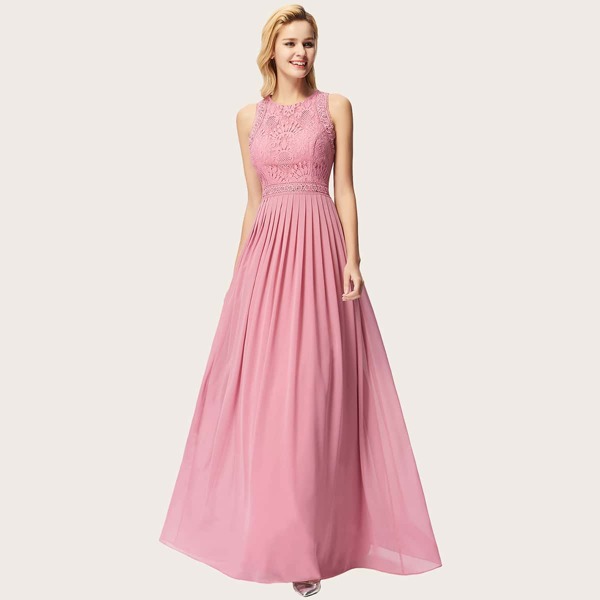 

Zipper Back Lace Bodice Pleated Flare Dress, Dusty pink