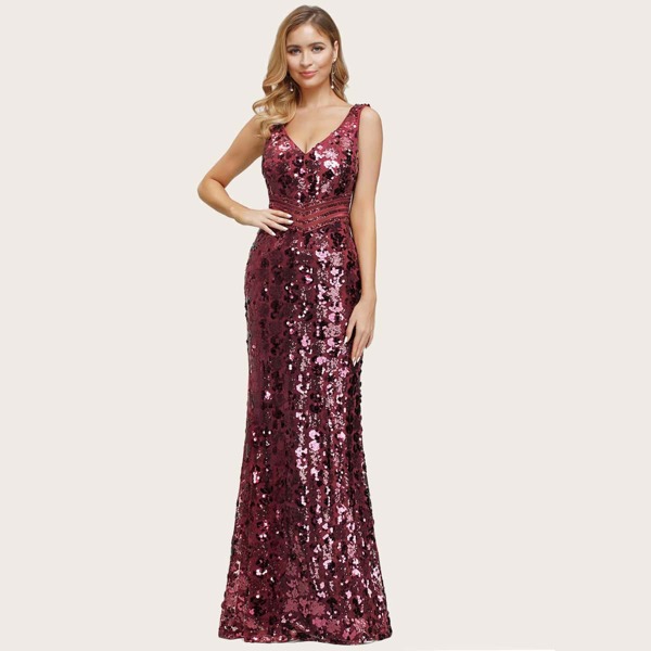 

Double V Neck Sequin Mermaid Prom Dress, Maroon
