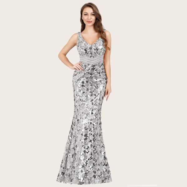 

Double V Neck Sequin Mermaid Prom Dress, Silver