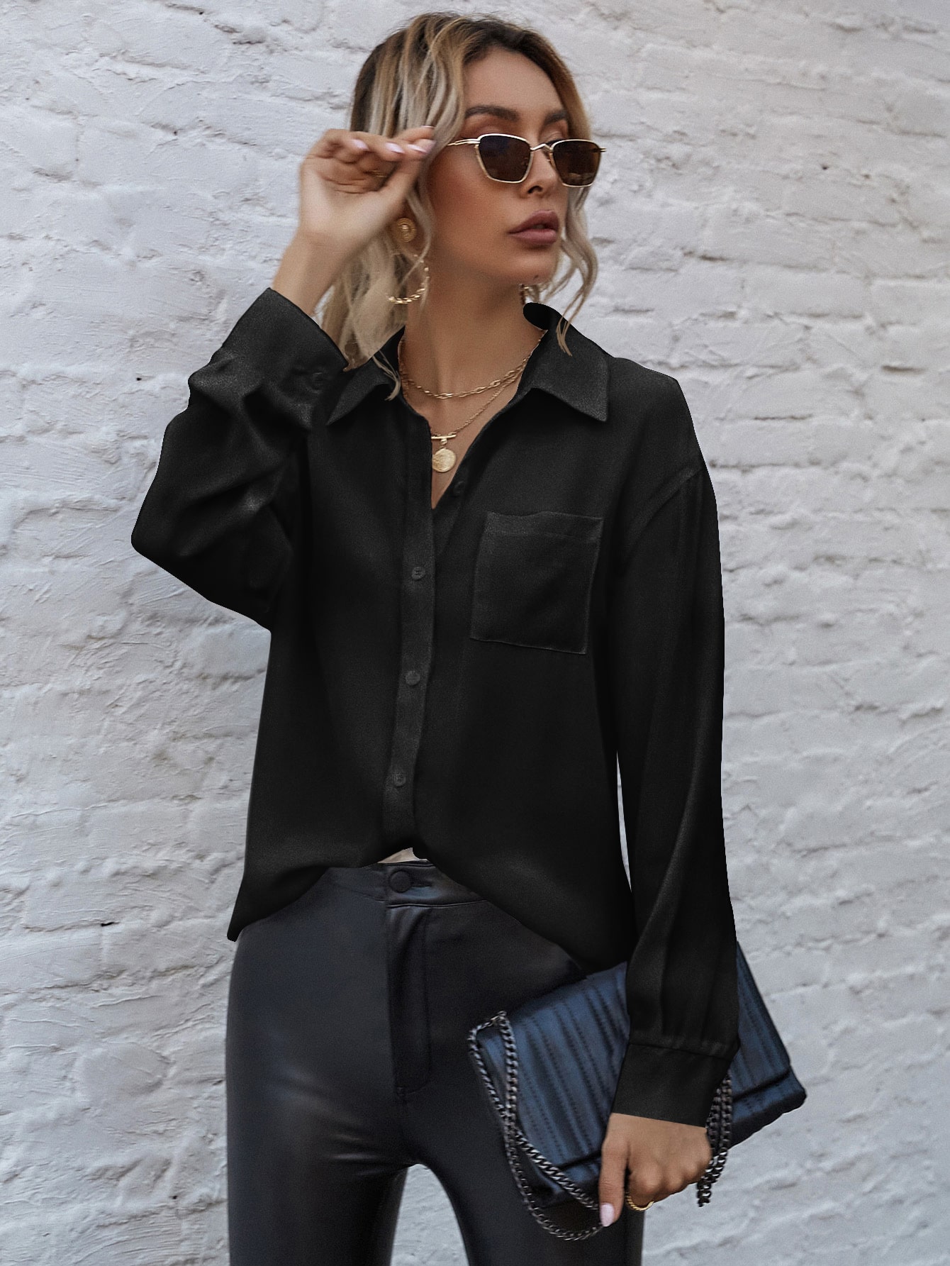 Button Up Drop Shoulder Blouse thumbnail