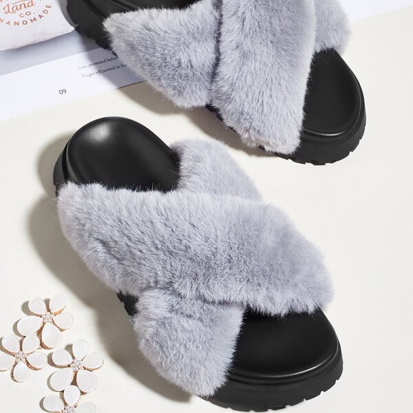 

Fluffy Criss Cross Slide Sandals, Grey