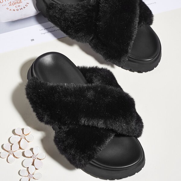 

Fluffy Criss Cross Slide Sandals, Black