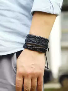 時尚流行6入組男士編織手鍊PU適合度假和時尚外觀 - 黑色 - 查看 2