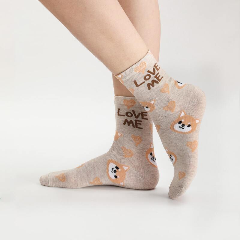 

1pair Cartoon Dog Crew Socks, Beige