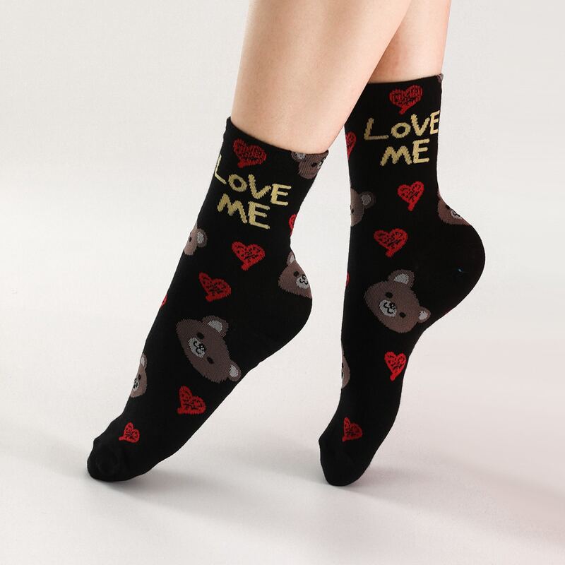 

1pair Cartoon Bear Crew Socks, Black