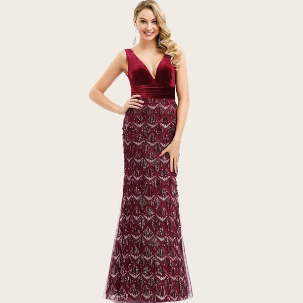 

Ruched Waist Velvet Bodice Sequin Prom Dress, Burgundy