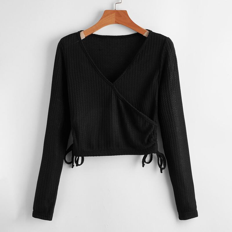 

Solid Drawstring Wrap Crop Tee, Black
