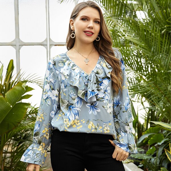 

Plus All Over Floral Print Ruffle Trim Flounce Sleeve Blouse, Dusty blue