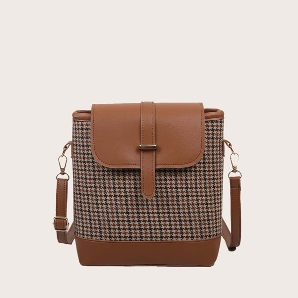 

Houndstooth Pattern Flap Crossbody Bag, Brown