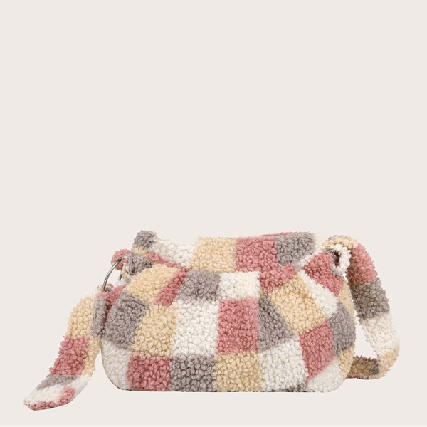 

Faux Shearling Plaid Ruched Bag, Multicolor