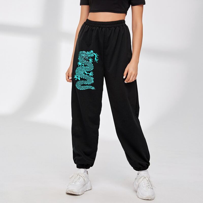 

Chinese Dragon Print Sweatpants, Black