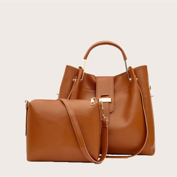 

2pcs Lizard Pattern Top Handle Bag Set, Brown