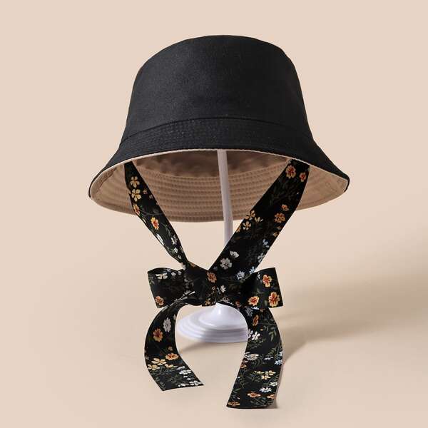 

Bucket Hat With Floral Print Ribbon Tie, Black