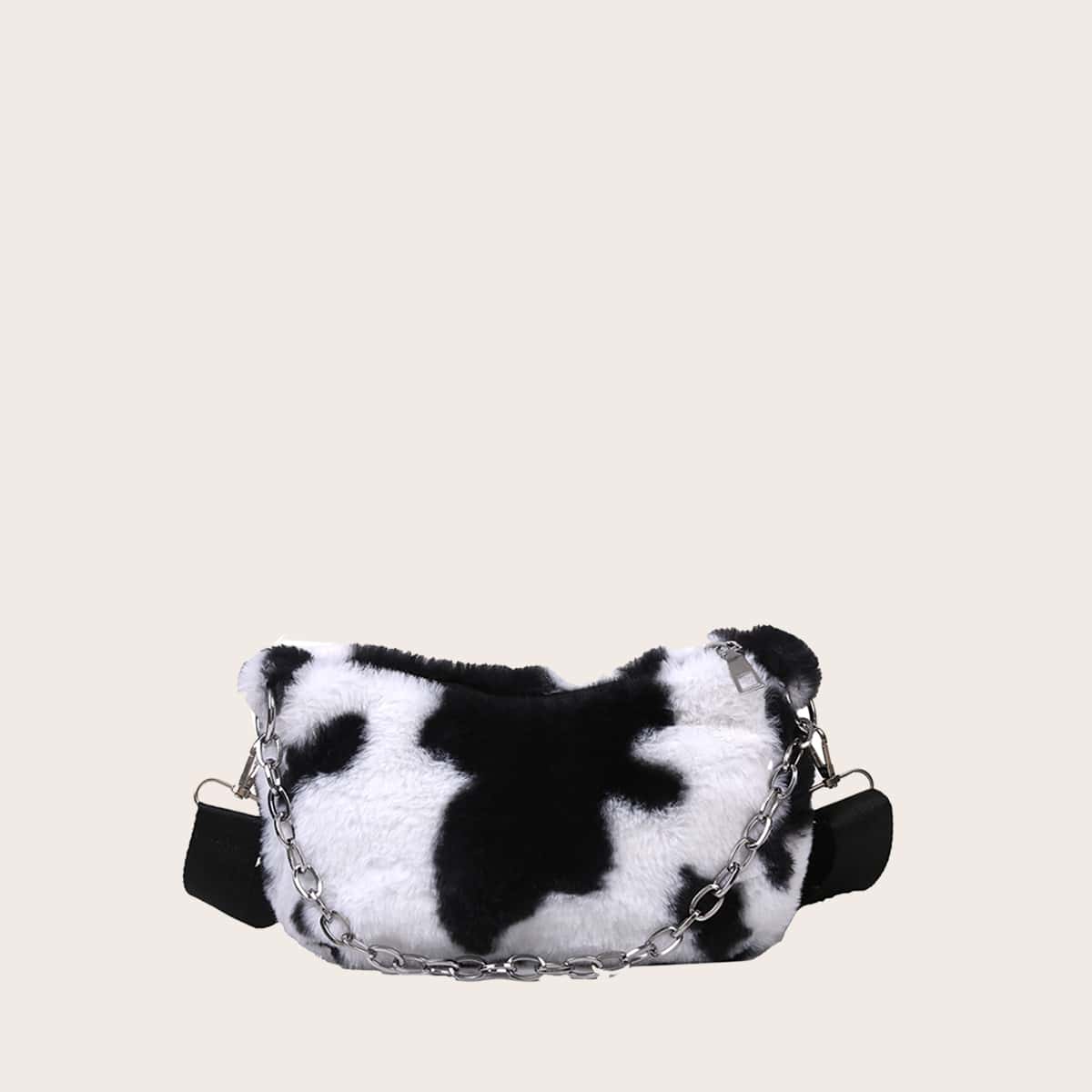 

Cow Pattern Fluffy Shoulder Bag, Black and white