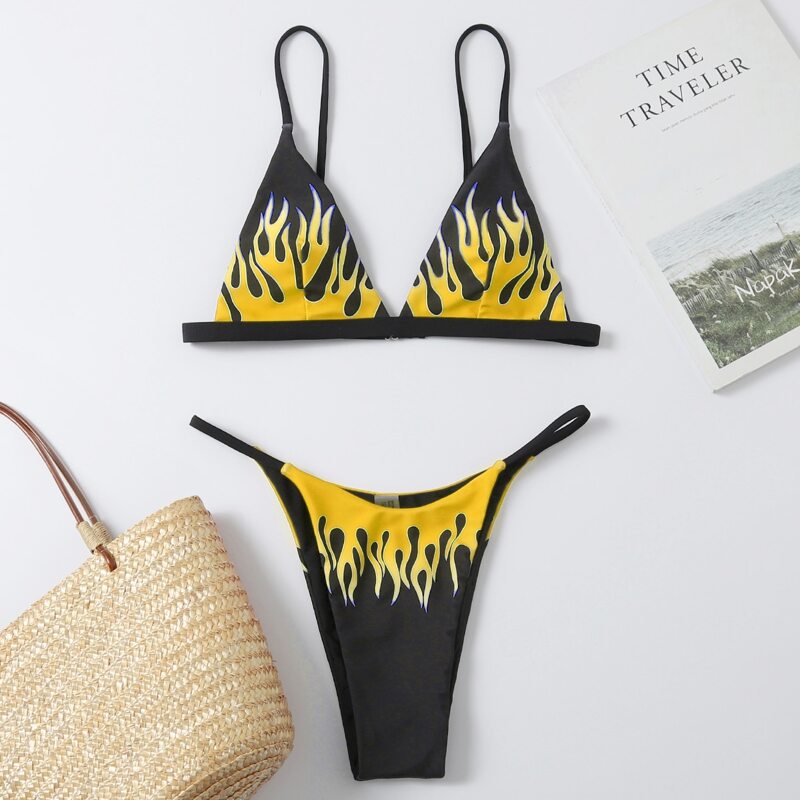 

Fire Print Triangle Thong Bikini Swimsuit, Multicolor
