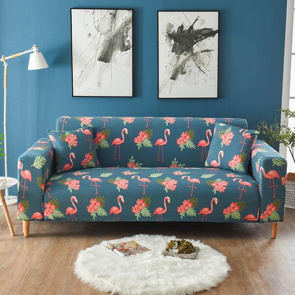 

Flamingo Print Stretchy Sofa Cover With 1pc Cushion Cover Without Filler, Multicolor