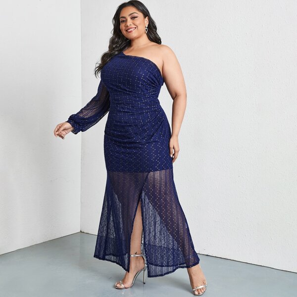 

Plus Contrast Mesh One Shoulder Slit Hem Prom Dress, Navy blue